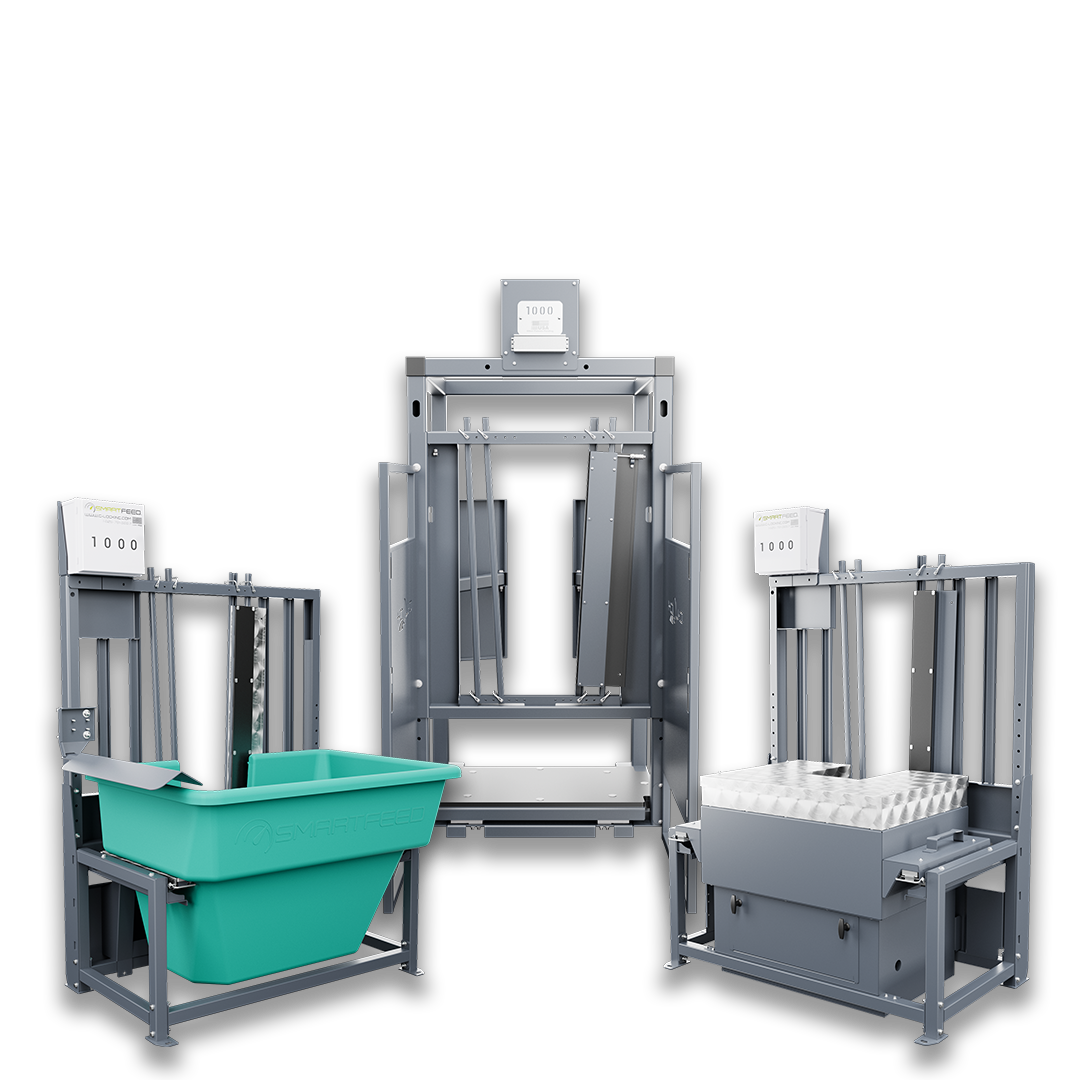SmartFeed dispenser mounted at a feed bunk, dispensing a measured feed ration to an individual animal